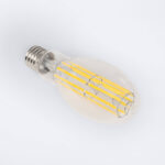 Ampoule LED filament en verre clair, filaments jaunes visibles, culot à vis, forme allongée