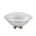 Ampoule LED piscine submersible PAR56 blanc, corps argenté, diffuseur bombé, connecteurs 2 broches pour niche de projecteur