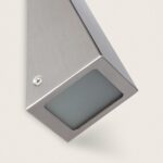Applique extérieure métal gris brossé à diffuseur en verre opalin, forme rectangulaire angulaire, fixation murale