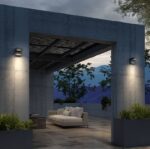 Applique murale extérieure grise à faisceau montant et descendant, forme compacte, fixation murale sur pilier