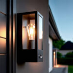 Applique murale extérieure noire en métal et verre, forme rectangulaire, ampoule visible et détecteur intégré