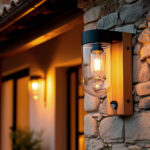 Applique murale extérieure en verre clair, capuchon métal noir et détecteur de mouvement