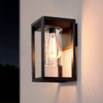 Applique murale extérieure cadre métal noir, verre cylindrique et ampoule à filament visible