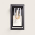 Applique murale extérieure en aluminium noir, cadre rectangulaire, verre cylindrique transparent et ampoule visible