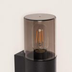 Applique murale extérieure aluminium noir, verre fumé cylindrique et ampoule LED visible