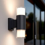 Applique murale extérieure cylindrique en aluminium noir, éclairage up & down avec diffuseurs en verre