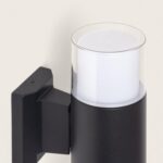 Applique murale extérieure cylindrique en aluminium noir avec diffuseur opalin blanc et support mural rectangulaire