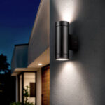 Applique murale extérieure cylindrique noire aluminium, éclairage double vers le haut et le bas, fixation murale