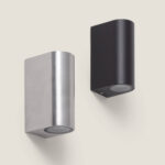 Applique murale aluminium, deux finitions argent brossé et noir mat, forme arrondie rectangulaire, éclairage vers le bas