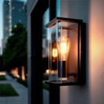 Applique murale extérieure noire en métal avec verre transparent et ampoule à filament, design rectangulaire