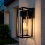 Applique murale extérieure noire en aluminium avec cadre rectangulaire en verre et ampoule filament visible