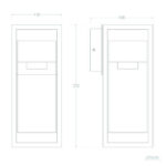 Applique murale extérieure en aluminium, forme rectangulaire, montage mural, vue technique frontale et latérale avec cotes