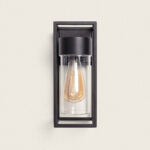 Applique murale extérieure noire à cylindre de verre transparent et cadre métallique rectangulaire