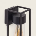 Applique murale extérieure noire en aluminium avec verre cylindrique transparent et cadre rectangulaire