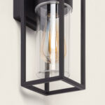Applique murale extérieure aluminium noir mat, cage rectangulaire et verre cylindrique transparent