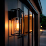 Applique murale extérieure noir métal avec verre cylindrique et ampoule à filament, cadre rectangulaire