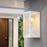 Applique murale extérieure blanche en aluminium et verre, forme cubique à ampoule apparente, fixation murale