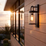 Applique murale extérieure en métal noir, verre cylindrique transparent, fixation rectangulaire, lumière chaude