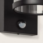 Applique murale extérieure noire en métal avec détecteur PIR et diffuseur cylindrique en verre