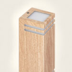 Applique murale extérieure rectangulaire finition bois clair, diffuseur carré supérieur et deux bandes translucides