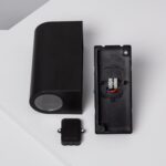 Applique murale extérieure noire, boîtier rectangulaire avec diffuseur circulaire et platine de fixation