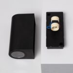 Applique murale extérieure noire rectangulaire, optique circulaire frontale et boîtier de fixation visible