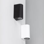 Applique murale extérieure noire et blanche, forme rectangulaire arrondie, fixation murale, diffuseur orienté vers le bas