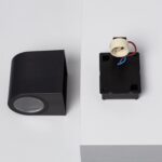 Applique murale noire à corps incurvé, optique circulaire frontale et boîtier de fixation avec câblage