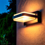 Applique murale extérieure noire en aluminium, rectangulaire avec diffuseur blanc émettant lumière chaude