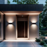 Applique murale extérieure rectangulaire noire éclairage haut et bas de chaque côté d'une porte d'entrée