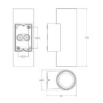 Applique murale rectangulaire aluminium avec face circulaire et schéma technique montrant dimensions et fixation murale