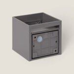 Applique murale extérieure carrée gris clair, finition mate, face avant avec lentille circulaire