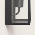 Applique murale extérieure métal noir texturé, cadre rectangulaire en verre, douille cylindrique, fixation murale