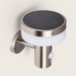 Applique murale solaire argent en aluminium cylindrique avec capteur de mouvement et panneau solaire supérieur
