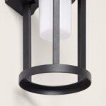 Applique murale extérieure aluminium noir mat, diffuseur cylindrique opalin et structure à anneau inférieur