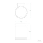 Applique murale extérieure forme cylindrique, vues avant et latérale avec cotes dimensionnelles