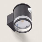 Applique murale extérieure noire cylindrique avec détecteur de mouvement et LED visible