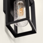 Applique murale extérieure noire en métal à cage rectangulaire avec verre cylindrique craquelé et ampoule à filament