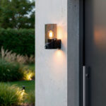 Applique murale extérieure noire en métal avec abat-jour verre cylindrique transparent, éclaire vers le haut et le bas