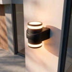 Applique murale extérieure noire en aluminium, design cylindrique à double anneau lumineux, fixation en saillie