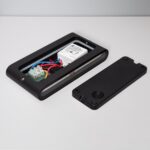 Applique murale rectangulaire noire, boîtier ouvert montrant transformateur LED et connectique, plaque arrière détachée