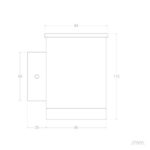 Applique murale cylindrique en schéma technique montrant fixation et cotes dimensionnelles