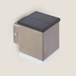 Applique murale solaire en aluminium brossé, forme cubique, panneau solaire supérieur et diffuseur blanc