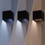 Applique murale cubique noire, éclairage orienté vers le bas montrant trois températures de couleur
