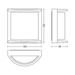 Applique murale carrée à élément semi-circulaire inférieur, vue technique, dimensions 190×190×89 mm