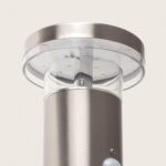 Applique murale cylindrique aluminium argenté, diffuseur rond transparent et détecteur de mouvement visible