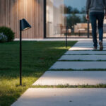 Balise extérieure noire en métal, tête conique, montage au sol pour éclairage de chemin