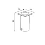Balise encastrable carrée 50×50 mm, corps cylindrique, encastrement mural hauteur 82 mm