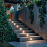 Balise encastrable LED ronde extérieure, lumière chaude, finition métal, intégrée aux contremarches des marches