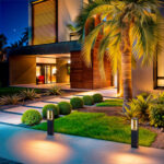 Balise extérieure LED noire en aluminium, mât court rectangulaire, éclairage de chemin